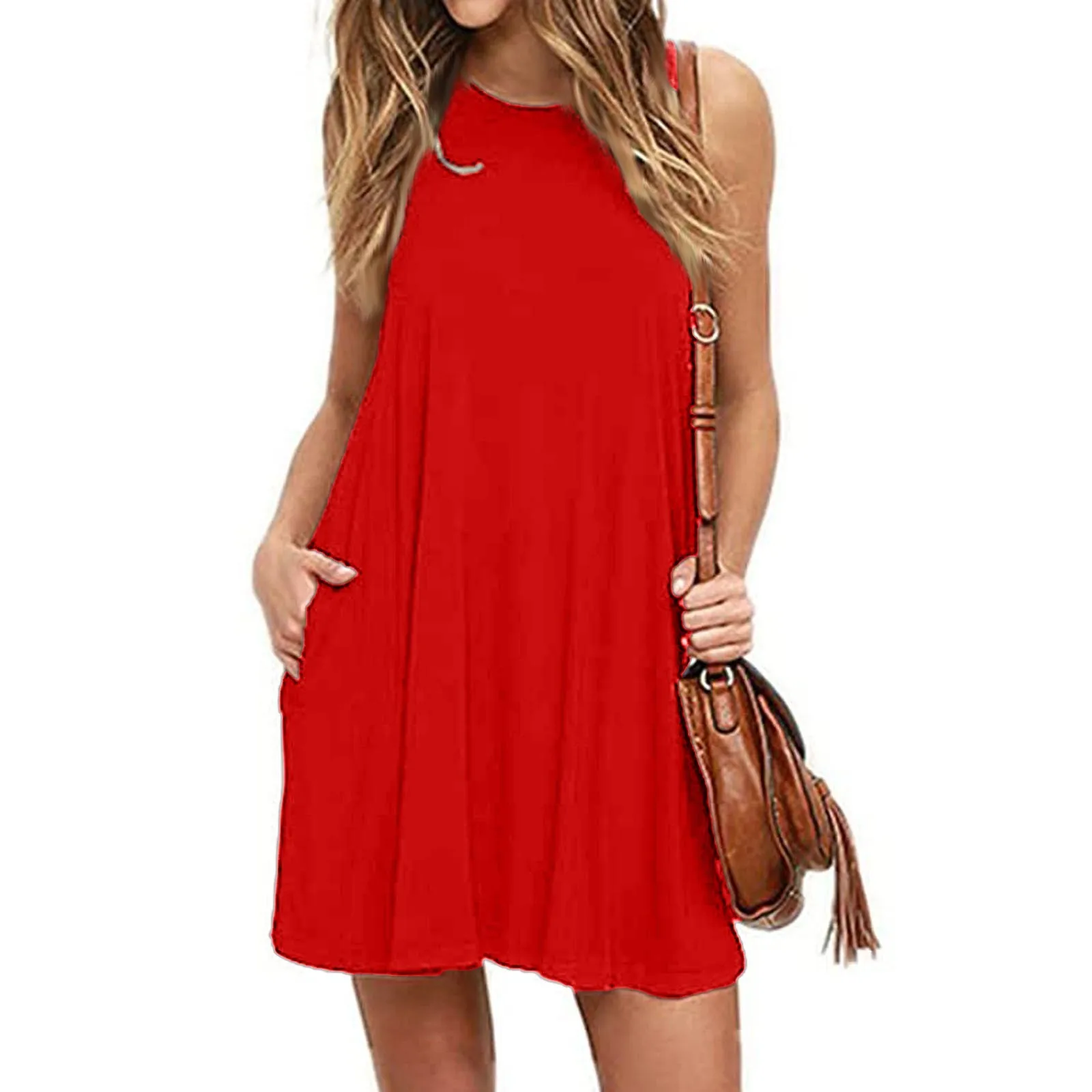 

New Summer Women Round Neck Sleeveless Solid Color Loose A-line Short Dress Sexy Mini Beach Dress Women Summer Vestidos 2022