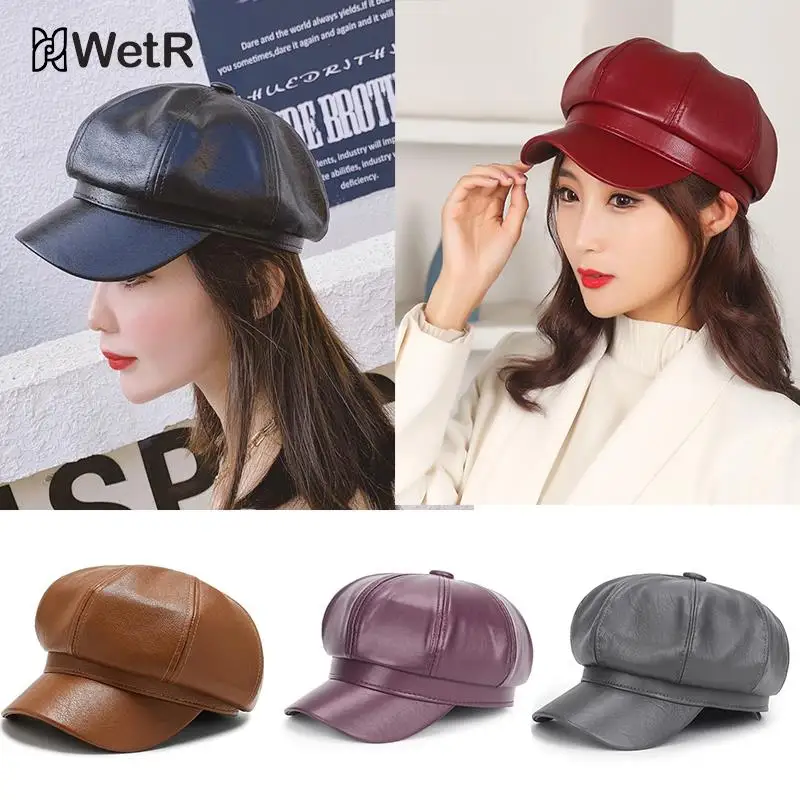 

HOT Black PU Beret Women's Autumn Winter Newsboy British Vintage Street Painter's Hat Red Hat White Letter Berets Octagonal Hat