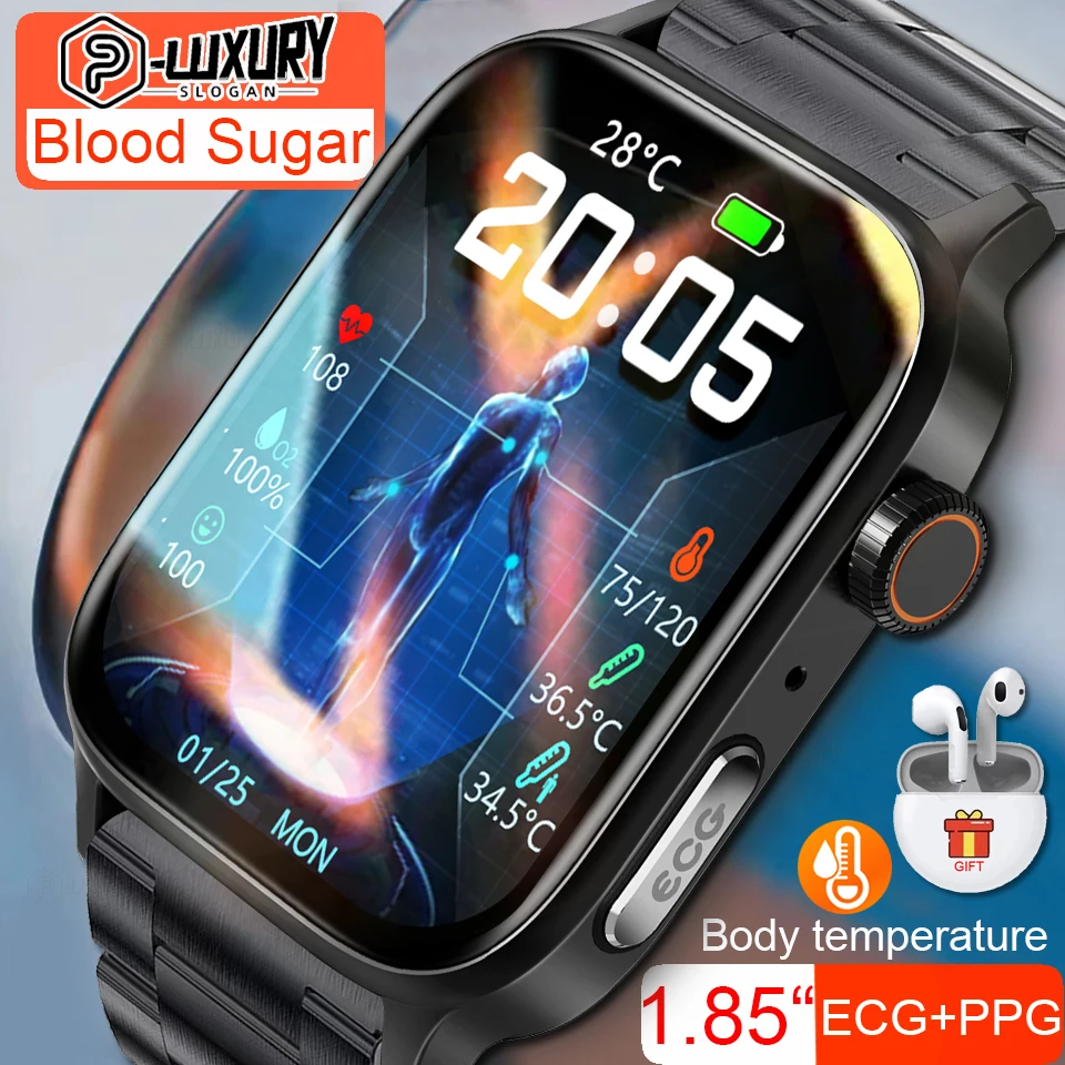 

2023 New Non-invasive Blood Sugar Smart Watch Men Voice Calling Wristwatch Body Temperature Stress Test ECG+PPG NFC Smartwatch