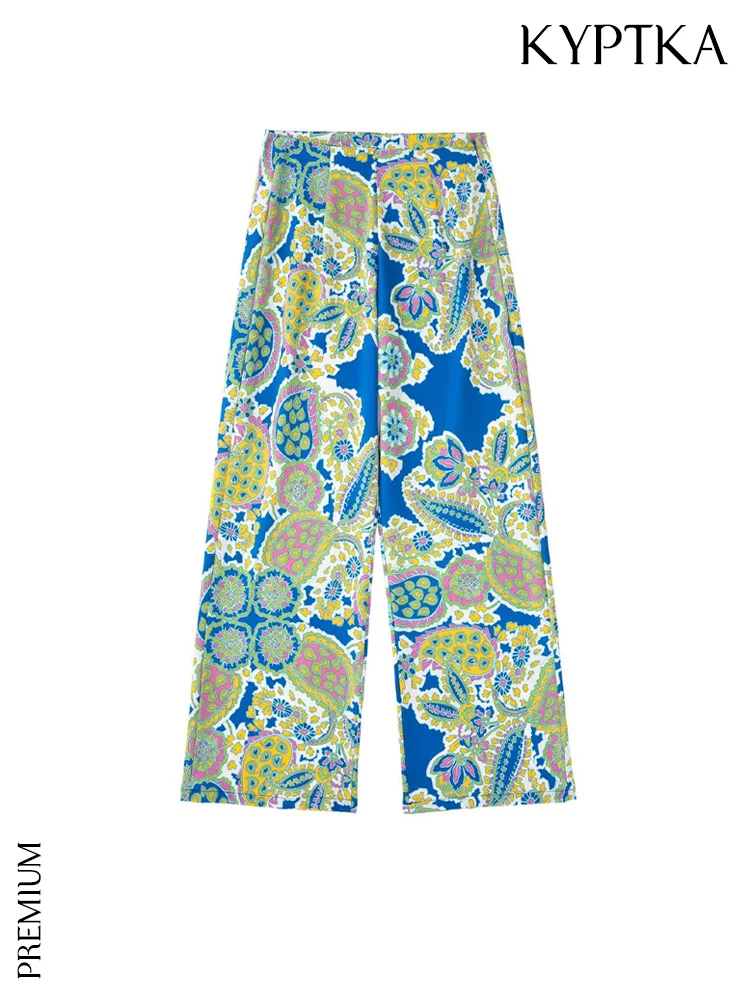 

KYPTKA Women Fashion Flowing Printed Loose Wide Leg Pants Vintage High Waist Side Zipper Female Ankle Trousers Mujer