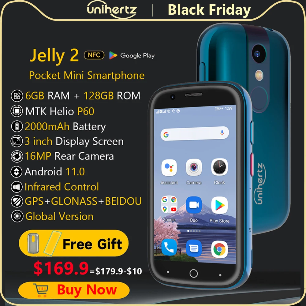 Unihertz Jelly 2 Mini Phone Pocket Android 11 Helio P60 Octa Core 4G LTE Dual-SIM Unlocked Smartphone 6GB+128GB NFC Cellphone