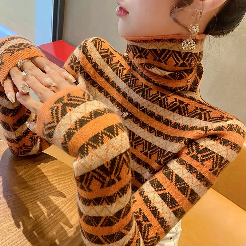 Женские модные полосатые жаккардовые водолазки офисные женские тонкие