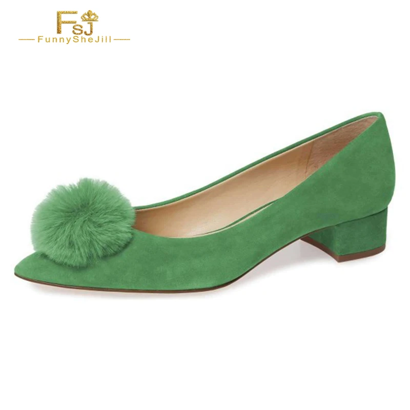 Green Suede Shoes Ball Med Chunky Heels Women's Pumps Hairball Decoration Ladies Dress Pointy Toe Shoes Large Size 12 13 FSJ