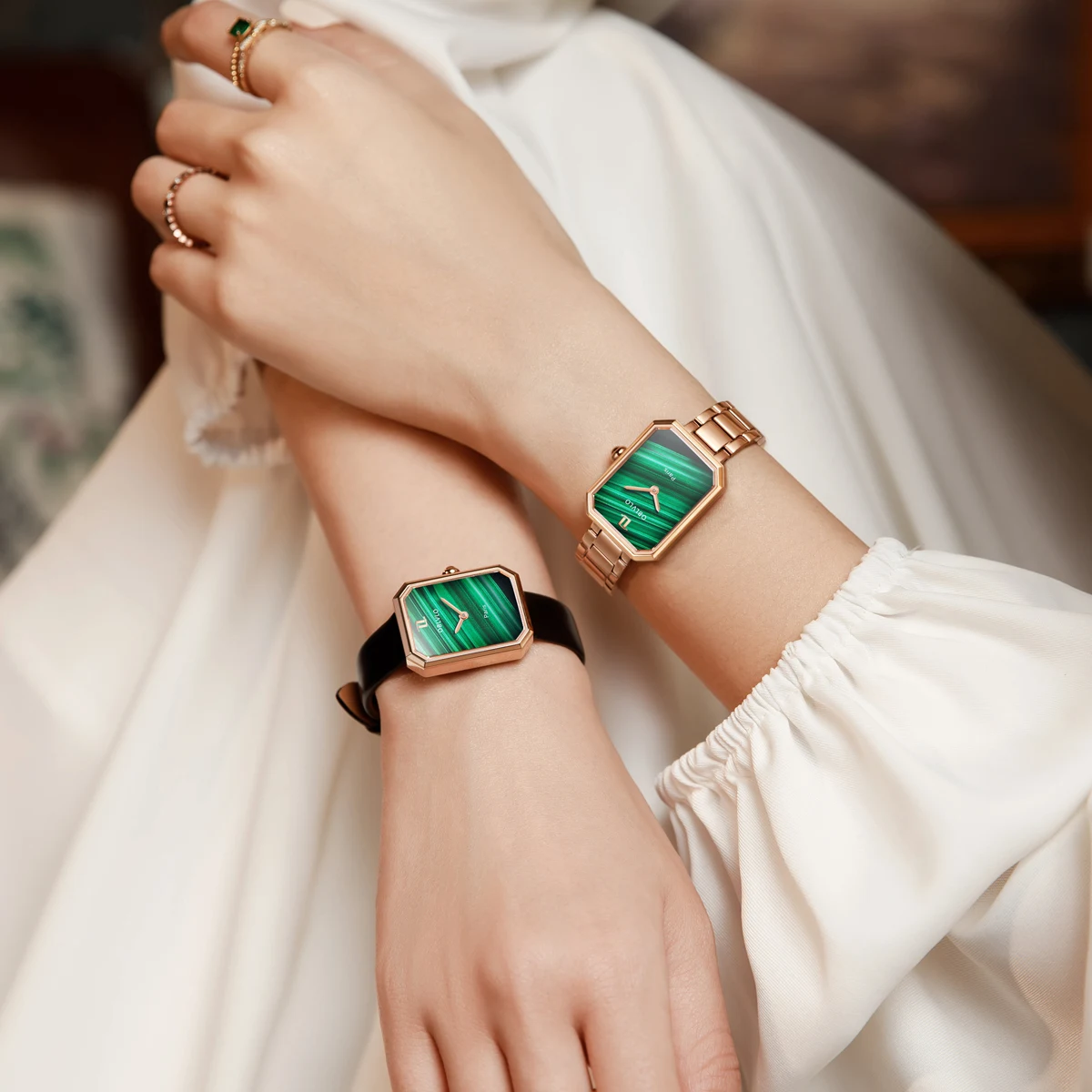 OBLVLO Women Quartz Watch Rose Gold Case Gift Leather Strap Malachite Dial Diamond Surface Sapphire Small Square Clock 23mm LW2 enlarge