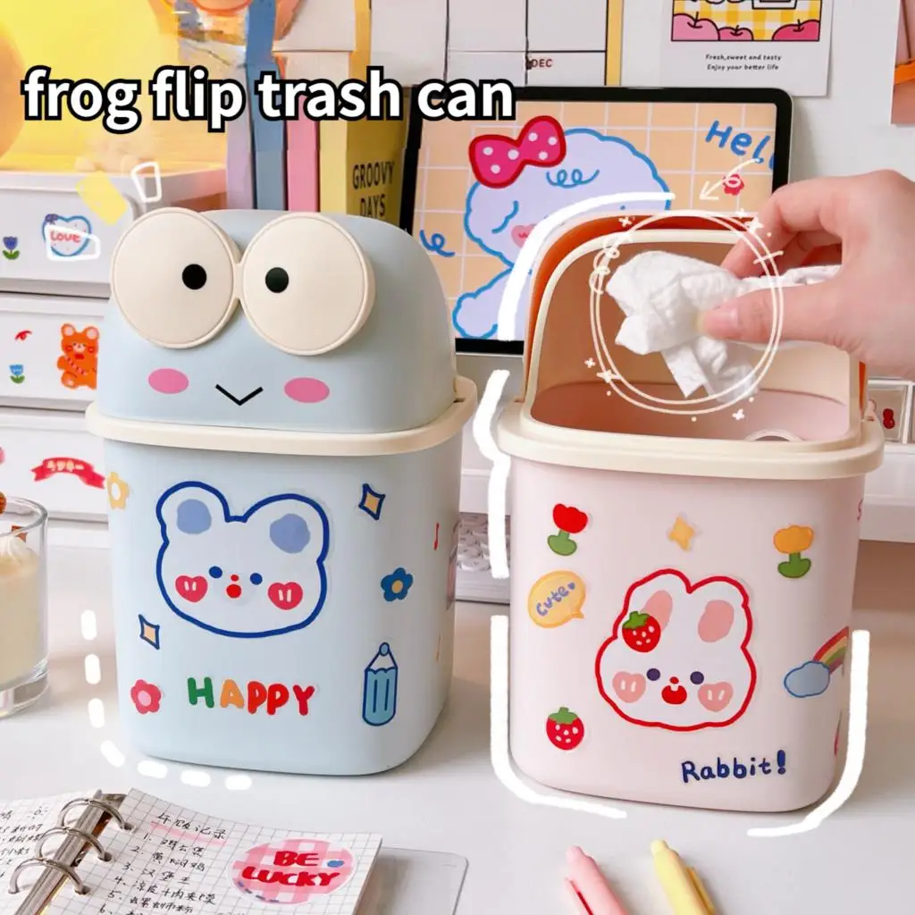 

Cute Ins Desktop Flip Trash Can Organizer with Lid Large Capacity Garbage Can Creative Frog Storage Box Pen Holder Kawaii