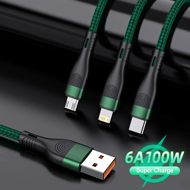 

6A 100W 3in1 Nylon USB Charging Cable Fast Charger USB C Cable Three-in-One For Android Apple Type C xiaomi Cable