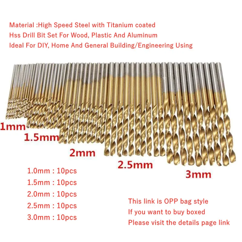 50Pcs 1/1.5/2/2.5/3mm Titanium Coated Drill Bits HSS High Speed Steel Drill Bits Set Tool High Quality Power Tools