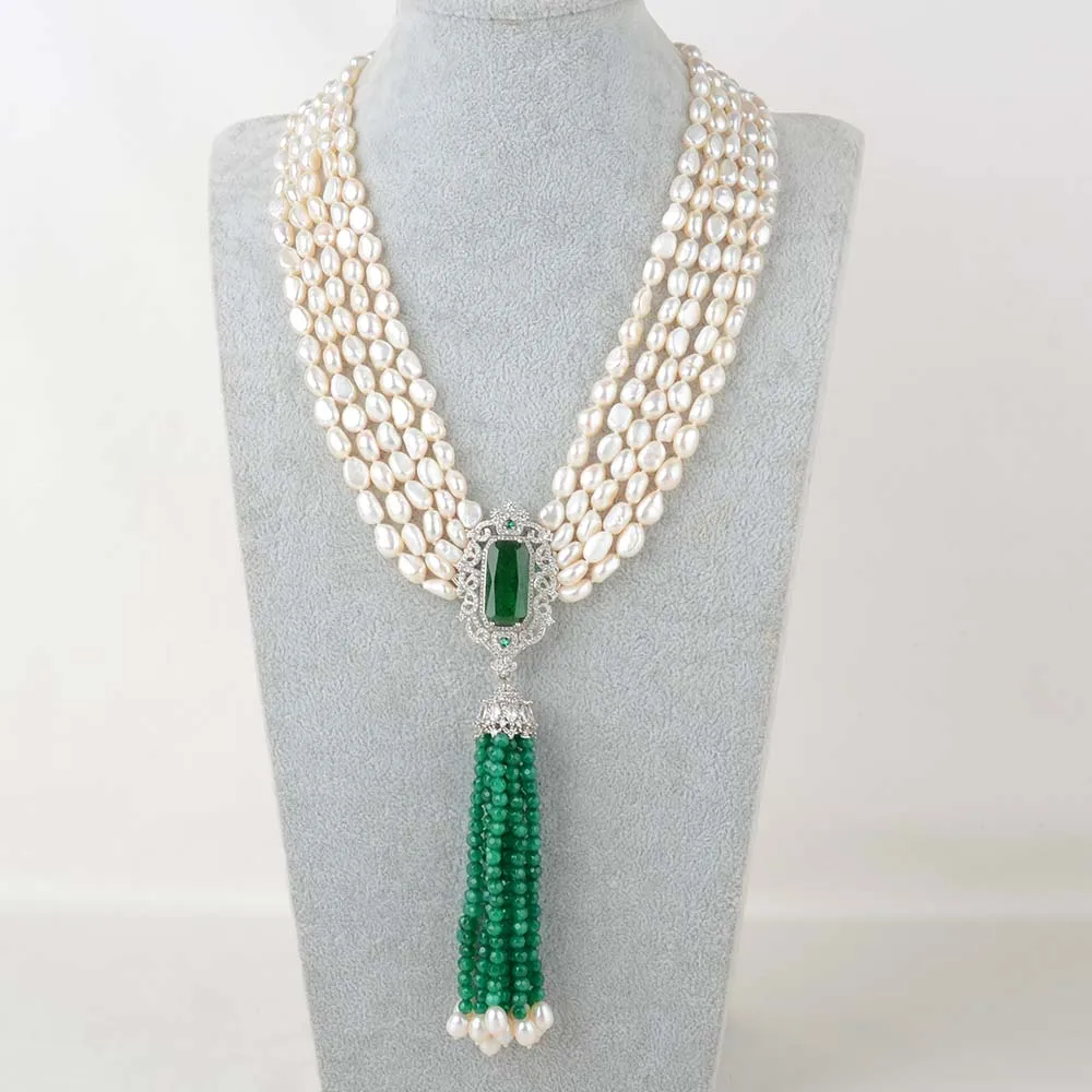 Hand knotted necklace 5row 8-9mm baroque white freshwater pearl 4mm green jade micro inlaid zircon pendant 21-25inch