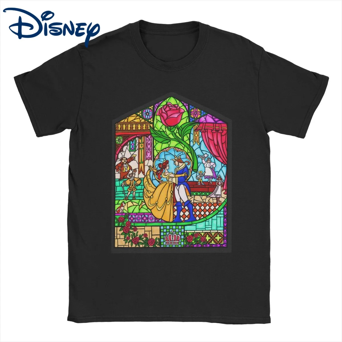 

Leisure Beauty And The Beast Stained Glass T-Shirts Men Women Crew Neck 100% Cotton T Shirt Disney Short Sleeve Tees Printed Top