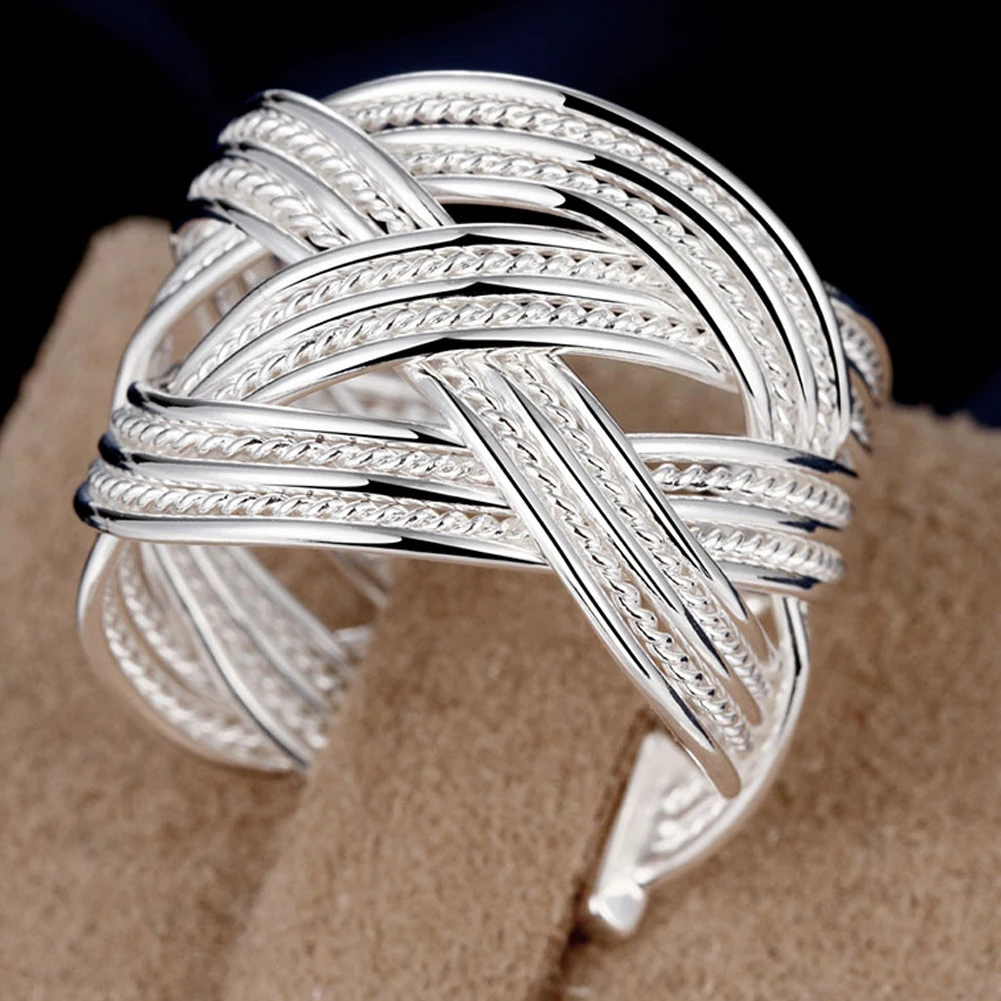 

925 Sterling Silver Cross Weave Open Ring Woman Man Wedding Engagement Party Fashion Charm Jewelry