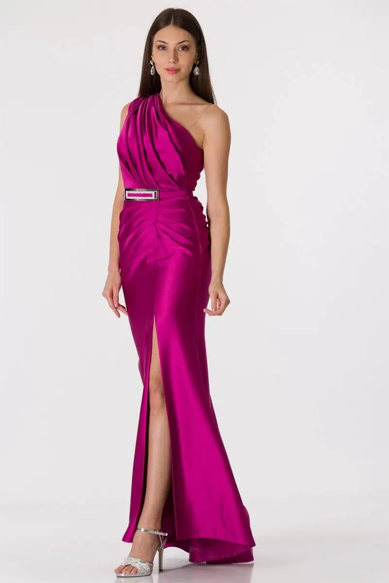 

One Shoulder Drapeli Satin Evening Dresses Fuchsia
