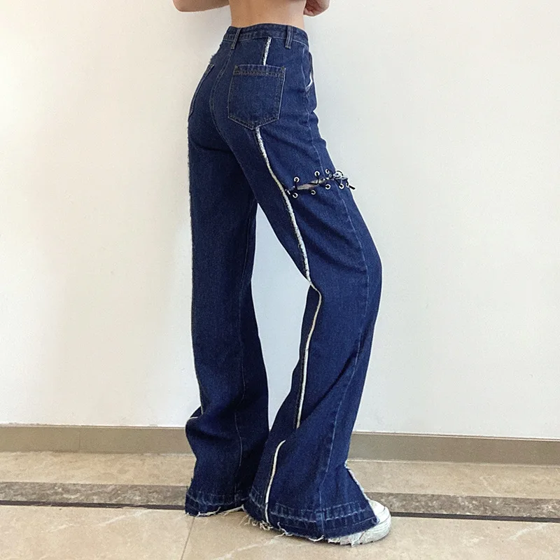 Blue Denim Trousers Women 2021 Harajuku Sexy Bandage Hollow Out Jeans Pants Patchwork Split Street Aesthetic Capris Full Length
