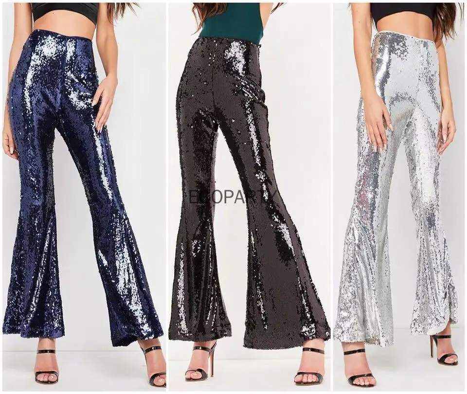 Women's Sequin Glitter Flare Pants Sequin Trousers for Female Party Slim High Waist Bell Bottom Long Pants Y2K Wide-Leg Pant