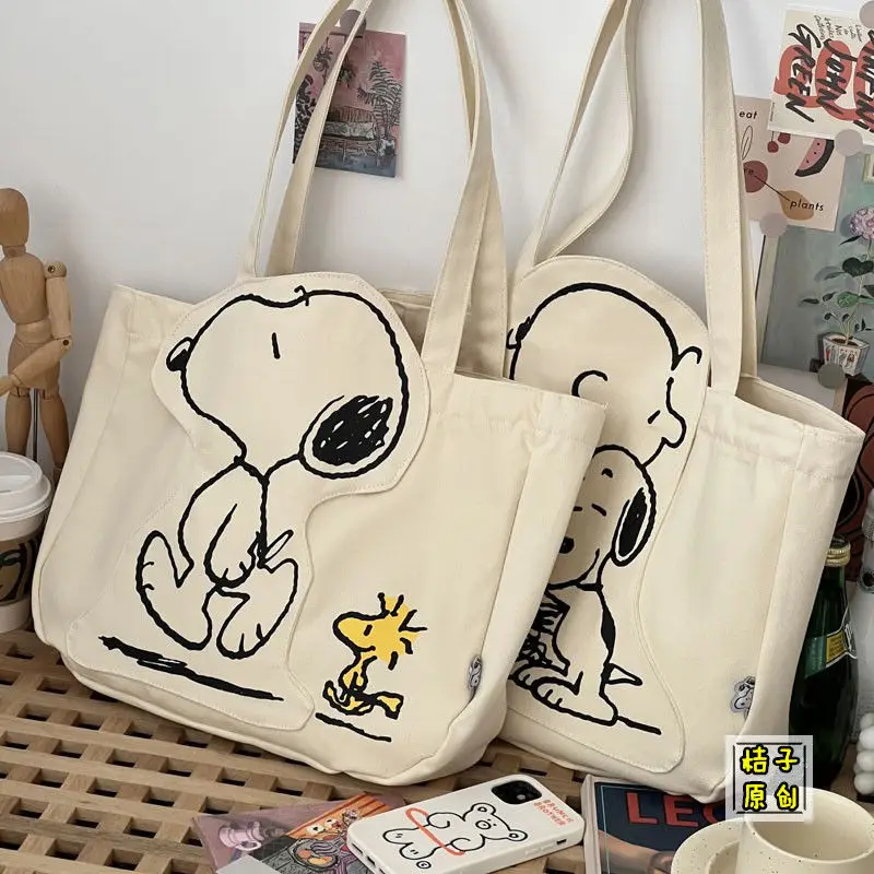 

Оригинальная Холщовая Сумка с героями мультфильмов, милая сумочка Snoopy на молнии, вместительная сумка на плечо с вышивкой, Холщовая Сумка для девушек и студентов