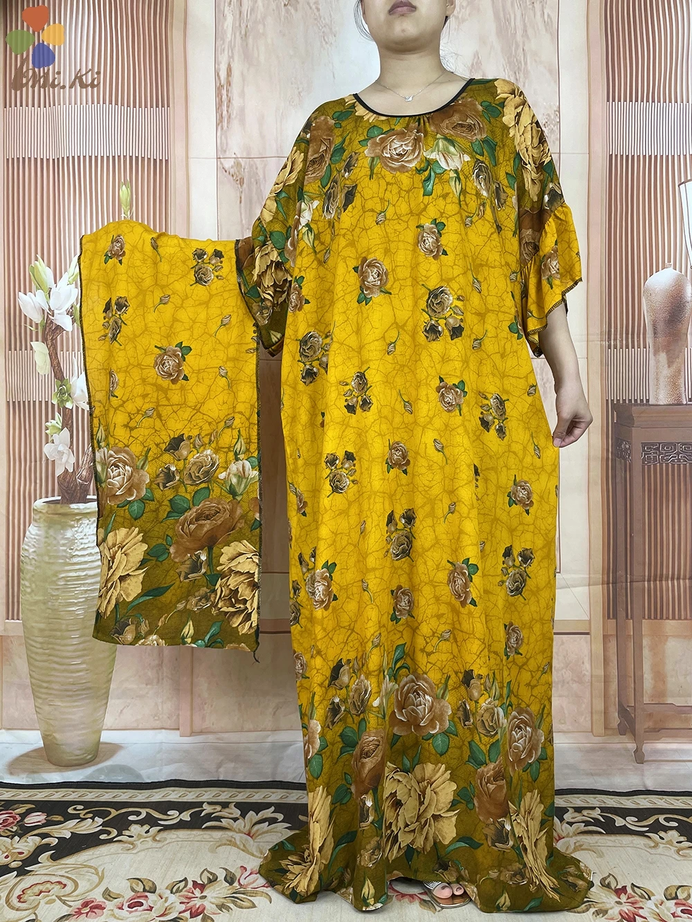 Short Sleeve 2 Pieces 2023 New African Dashiki Floral Printing Solid Cotton Loose Caftan Lady Summer Maxi Casual Dresses