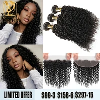 kinky curly 3 bundles with frontal natural hairline with baby hair free part 13x4 lace curly human hair bundles with frontal