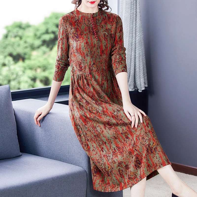 

2023 New Fashion Knitted Dress Women's Autumn Vintage Round Neck Long Sleeve Loose Fit Casual Holiday Dress Vestidos