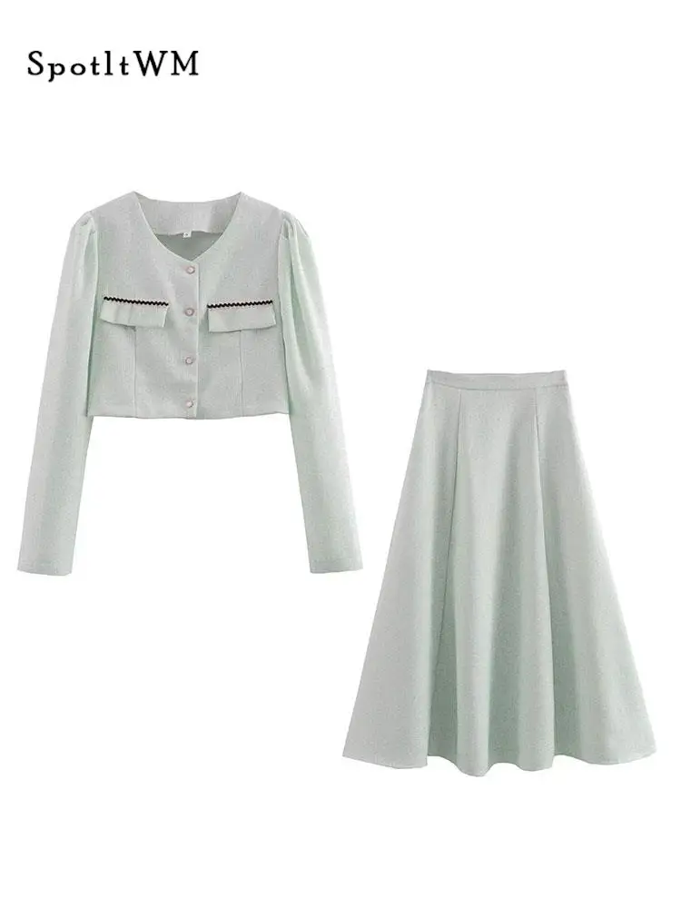 

Women Fashion High Waist Skirt 2 Pieces Set Casual V-neck Long Sleeve Button Top Skirt Suits Female Chic Pleated Skirt Outfits