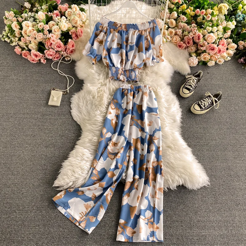 

Sexy Floral Printed Two Piece Set Women Summer Slash Neck Puff Sleeve Short Tops + High Waist Wide Leg Pants Suits Female New