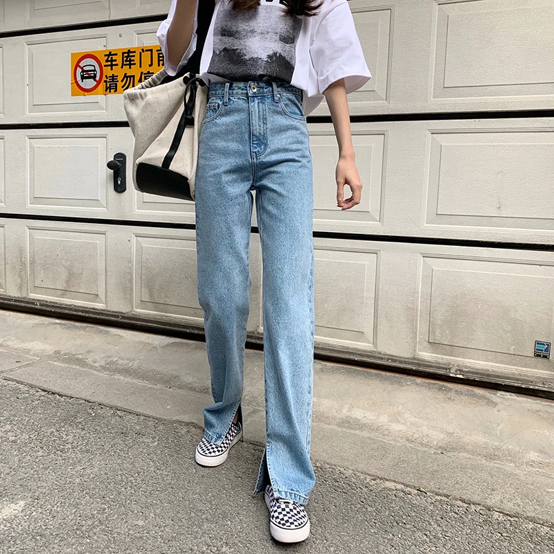 Jeans Women's Light Blue Summer Casual Commuter High Waist Loose Slim High Vintage Split Straight Leg Long Pants