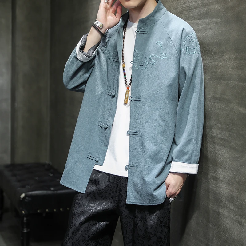 

Chinese Style Men's Clothing Cotton Linen Jacket Coat Loose Large Size Tang Suit Retro Embroidery Casual Cardigan Top