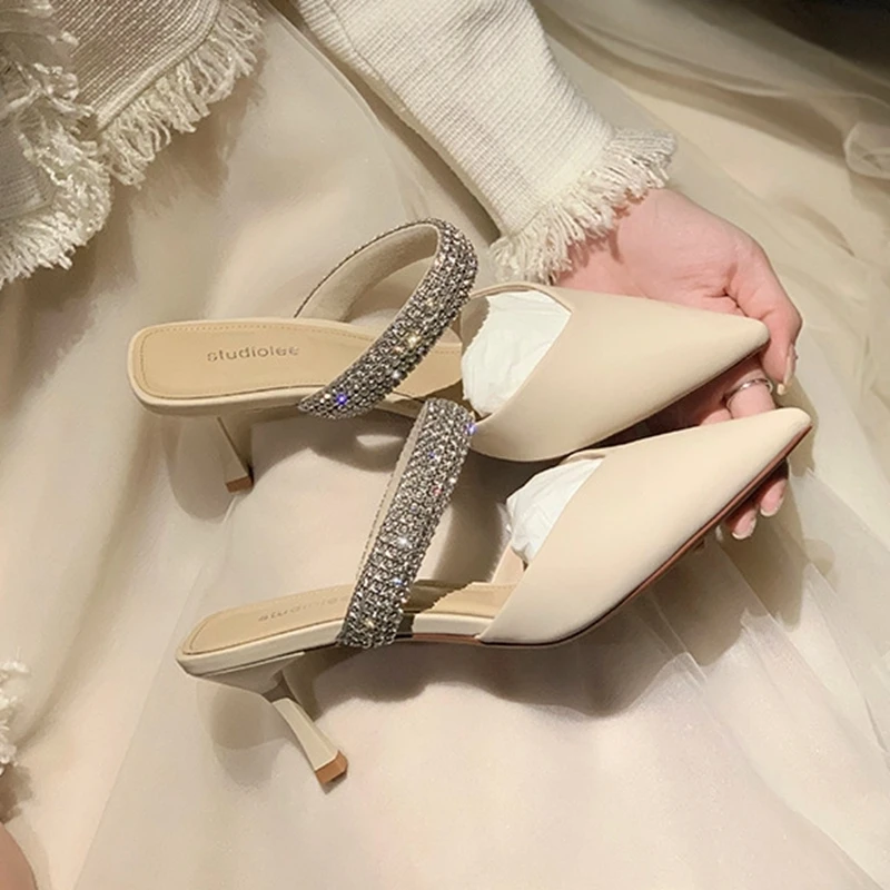 Black High-heeled Shoes Women's 2023 Spring Summer New Women's Shoes Stiletto Pointed Toe Pumps Rhinestone Glitter Mules Pumps