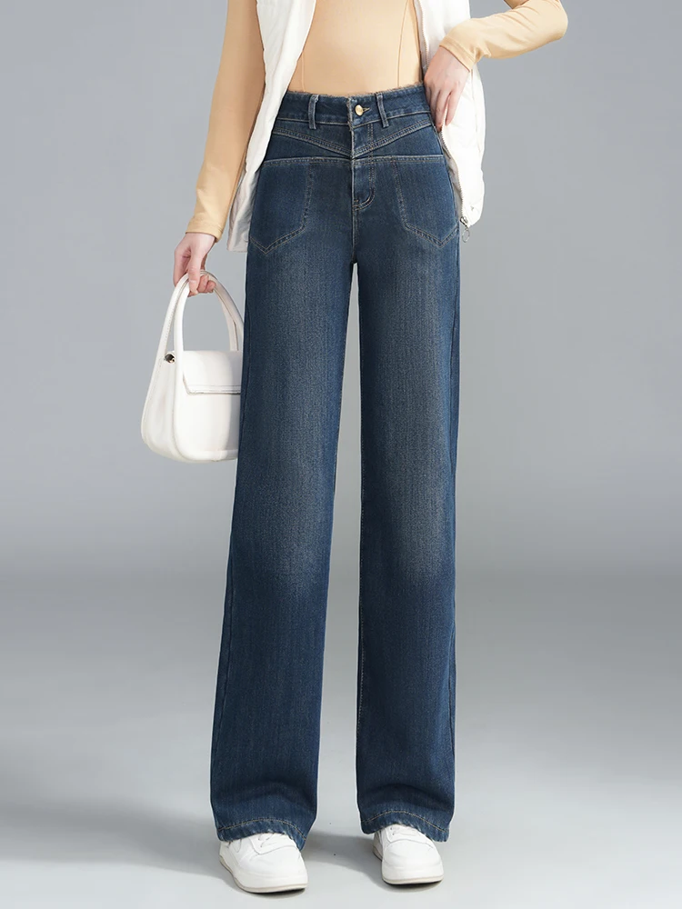 Plus Size Straight Jeans Women's Spring/Autumn/Winter 2024 New Small High Waist Slimming Fleece-lined Capri Narrow Wide Leg P...