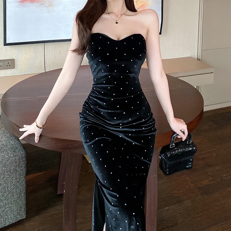 

Vintage Velvet Dresses for Women Summer Chic Fashion Sexy Strapless Sequins Party Dress