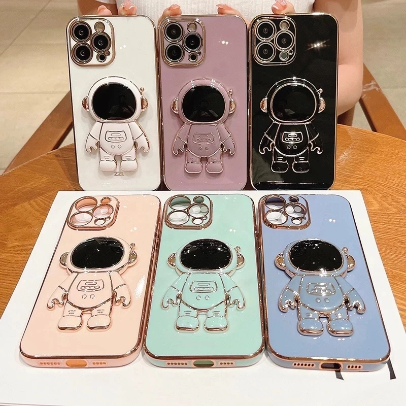 

Electroplated astronaut folding stand case For iphone 11 12 13 Pro Max x xr xs max 7 8 plus lens Camera protector silicone cover