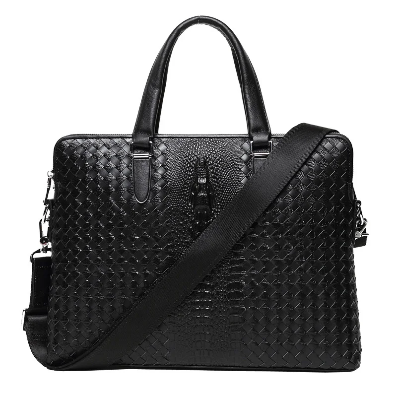AETOO  Woven men's bag leather men's briefcase business handbag horizontal style head layer cowhide crossbody bag crocodile text