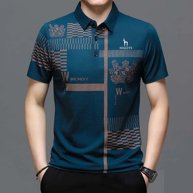 

HAZZYS Summer Men Business Office Casual Golf Polo-Neck T-shirt 2023 Male Clothes Korean Trend Printed Spliced Men's Tops