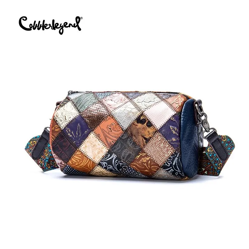 Ethnic style women bag individual stitching leather shoulder bag fashionable leather top layer colorful cylindrical women diagon