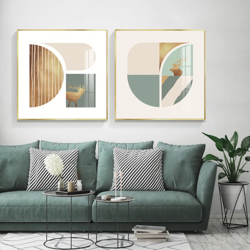 

Deer Golden Abstract Morandi Color Decorative Painting Living Room Sofa Background Wall Mural Geometric White Space Light Luxury