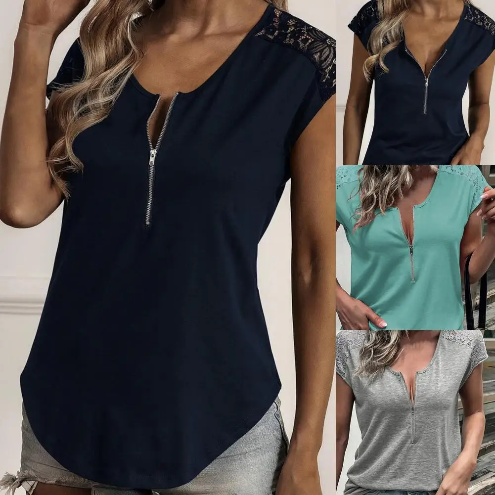 

Футболка женская кружевная однотонная, пикантный пуловер с асимметричным подолом, повседневный Свободный Топ для работы и офиса, на молнии ...