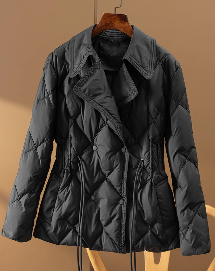 Spring 2023 Thin 90%  White Duck Down  Jacket Women  Preppy Style  Covered Button  Slim  Adjustable Waist  Coat Women