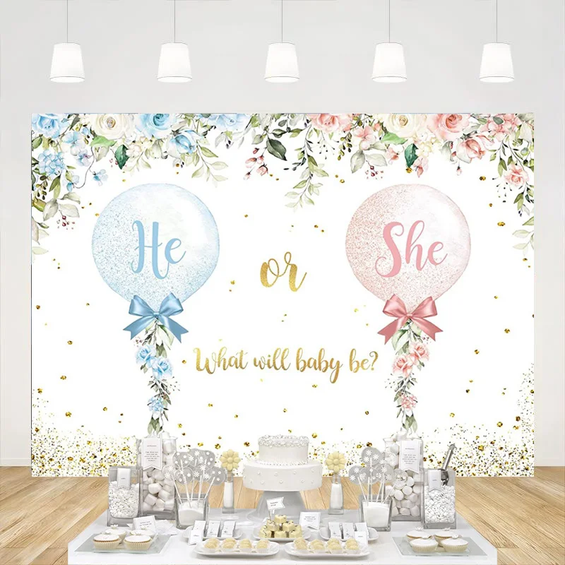 

Gender Reveal Backdrop Pink Blue Flower Balloon Boy or Girl Baby Shower Pregnancy Party Decoration Background for Photography
