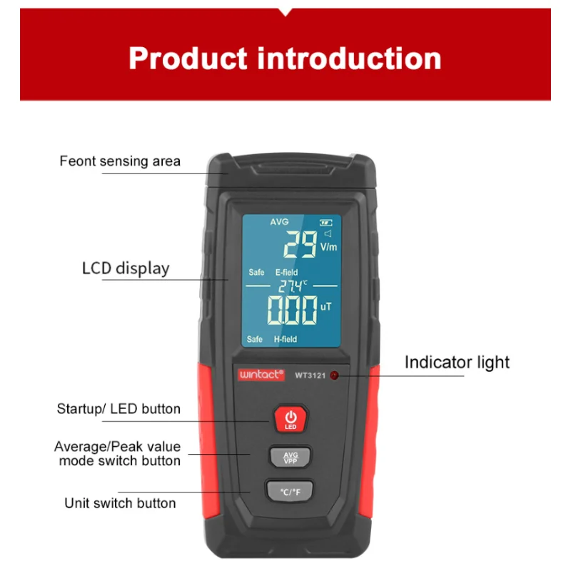 

WT3121 Handheld Digital LCD EMF Meter Electric Magnetic Field Dosimeter Detector Electromagnetic Radiation Teste