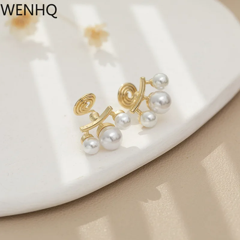 

WENHQ Top Quality Pearl Gold Color Stud Clip on Earrings for Women's Party Comfortable Invisible Cuff Earrings Charm Ear Clip
