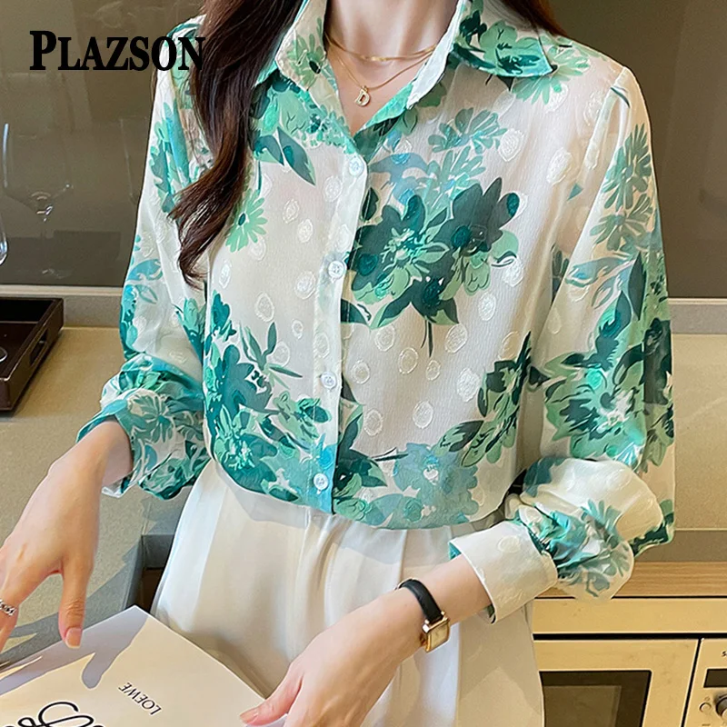 

PLAZSON camisas y blusas Elegant Women Chiffon Shirts Long Sleeve Autumn Spring Blouse Female Tops Casual Loose Workwear 블라우스