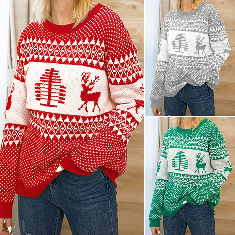 

Популярный Рождественский пуловер Kf-Осень-зима, свитер с геометрическим рисунком, женские топы с лосем, вязаный пуловер с длинным рукавом