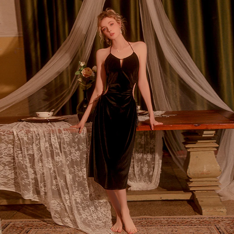 

Sexy Mousse Ladies Summer Lingerie Sexy Halter Neck Backless Velvet Pajamas Hollowed Long Nightdress Women's Clothes Suit White