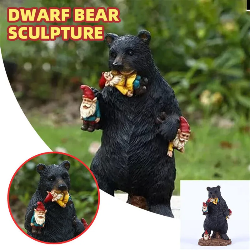 

Garden Statue Elf Dwarf Black Bear Decoration Animal Figurine Resin Desktop Handmade Crafts Sculpture Garden Ornament