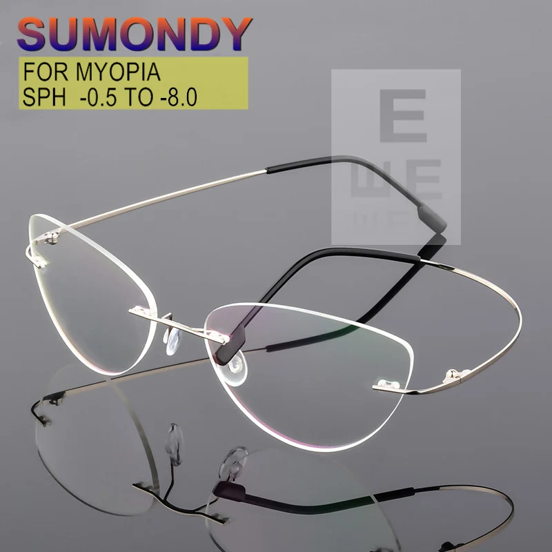 

Myopia -0.5 to -8.0 Rimless Prescription Glasses Blue Ray Blocking Chameleon Men Women Cat Eyes Shortsighted Spectacles UF178