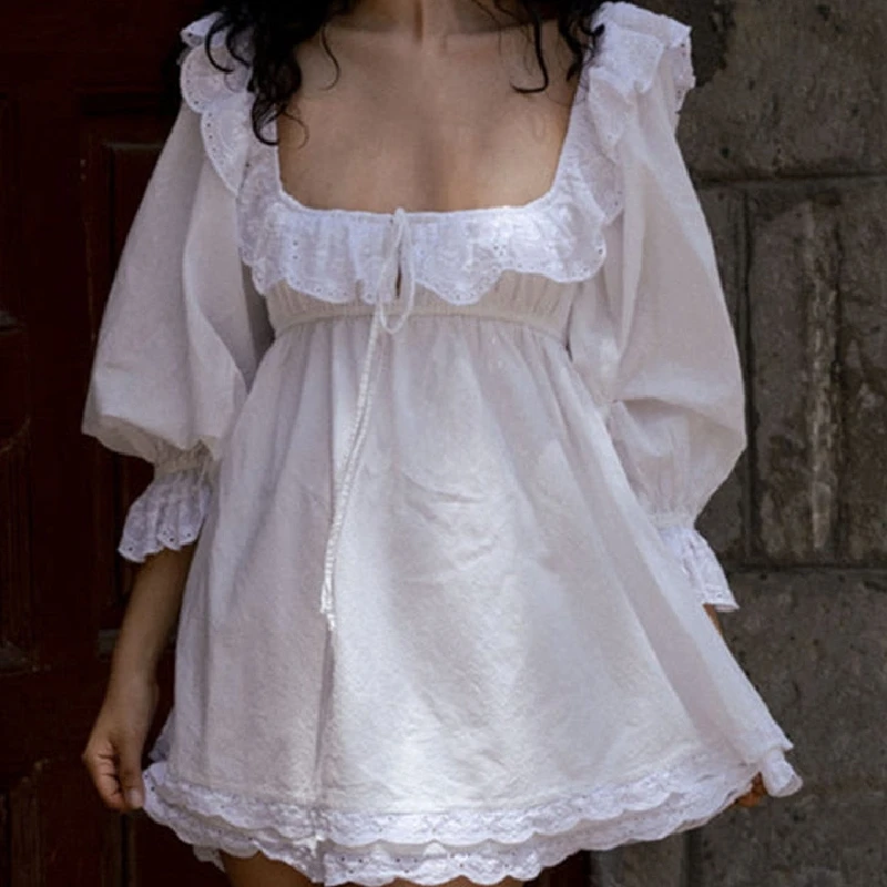 

Y2K Fairycore French Style Vintage Milkmaid White Dress Women A-line Dress Lace Ruffles Lantern Long Sleeve Princess Dress