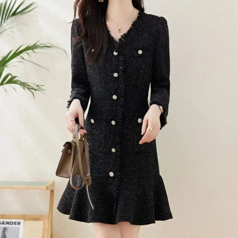 Черные женские платья с длинным рукавом весенне-осеннее модное новое женское