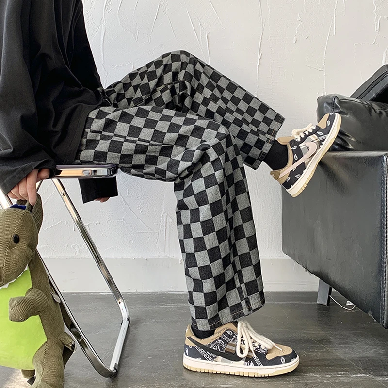 Checkerboard Print Jeans for Men 2021 Fashion Trends Straight Clothes Teen Casual  Baggy Denim Pant Boyfriend Hip Hop Streetwear