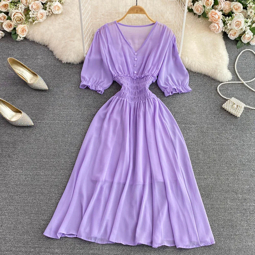 

Модное однотонное платье-трапеция VANOVICH с V-образным вырезом и рукавами-фонариками, с эластичным поясом, летнее элегантное шифоновое платье ...