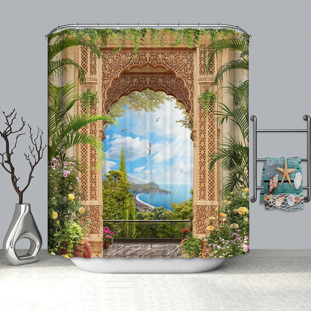 

Ocean Beach Shower Curtain Blue Sky Sea Tropical Palm Trees Seaside Landscape Bath Curtain Waterproof Fabric Bathroom Decor