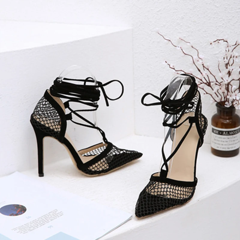 

Summer Sexy Fashion Mesh High Heel Sandals Cross Bandage Pointed Toe Cutout Shallow Mouth Nightclub Party Stage High Heels