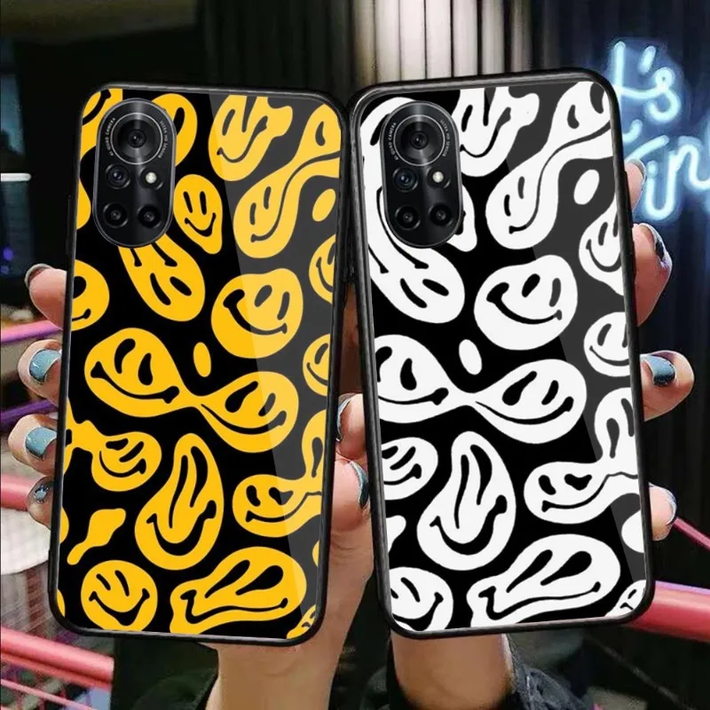 

Забавный чехол со смайликом для телефона Huawei P50 P40 P30 P20 Pro Mate 40 30 20 Pro Nova 9 8 7 PC, стеклянный чехол для телефона